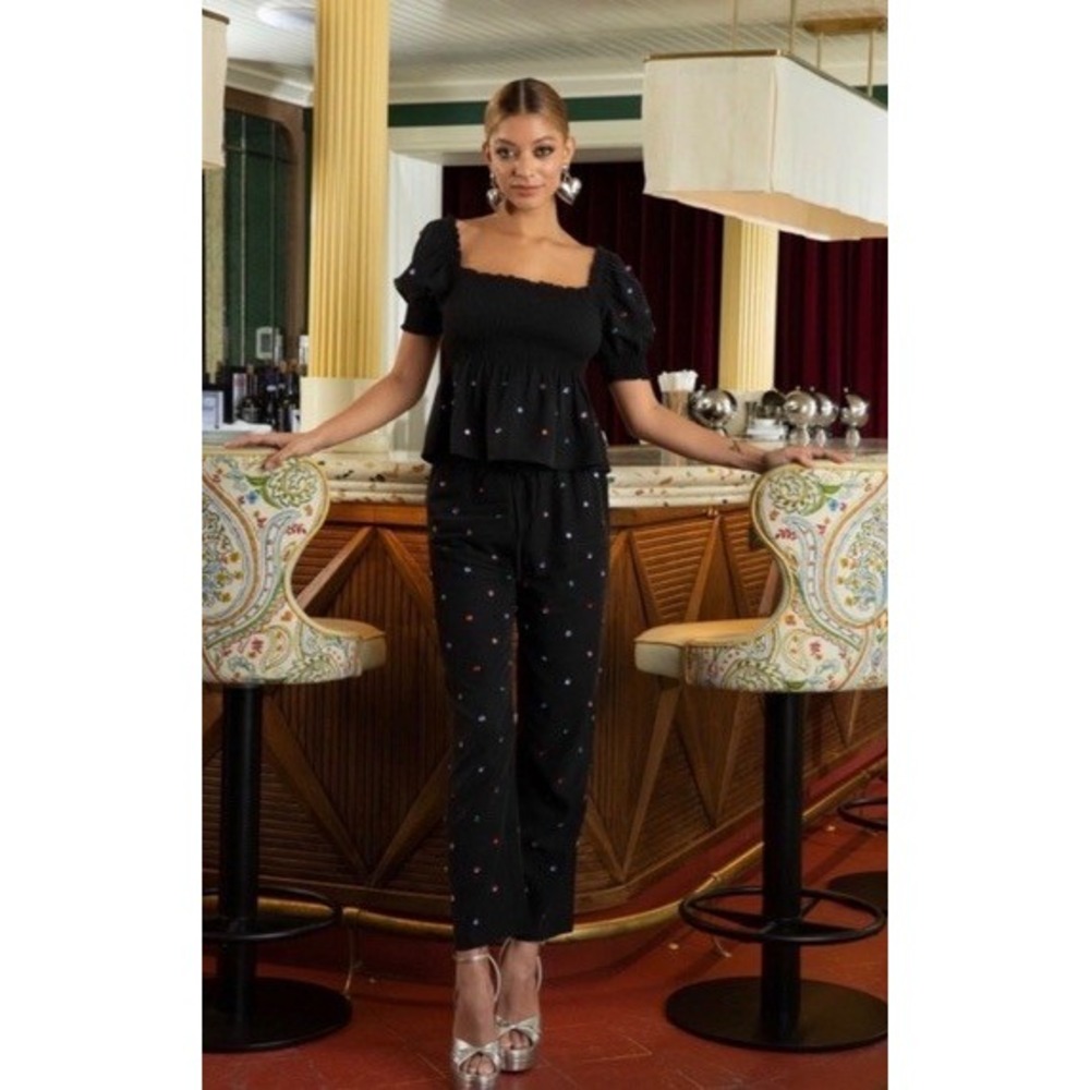 Hill House Home Black Sequin Floral Smocked‎ Top and Pants Set XS Lyocell